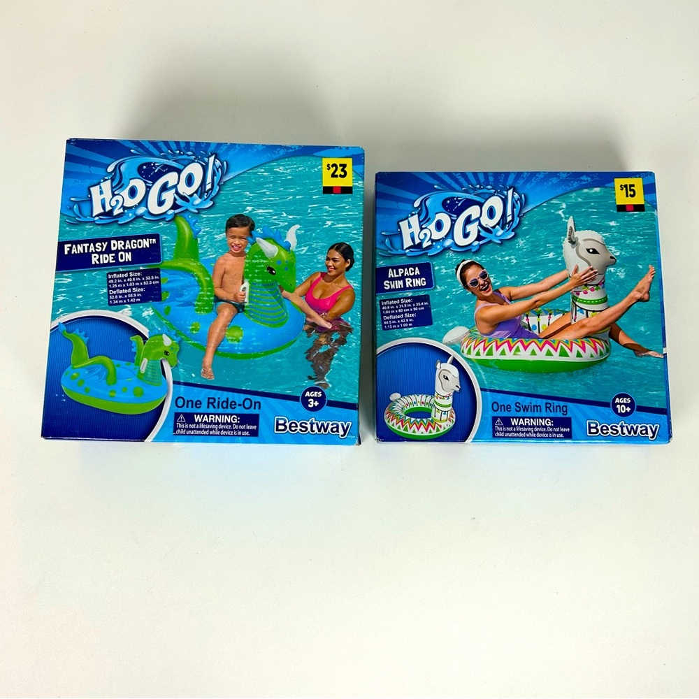 NIB – “2 Pool Floats” Bestway H2OGO! FANTASY DRAGON RIDE ON and ALPACA SWIM RING